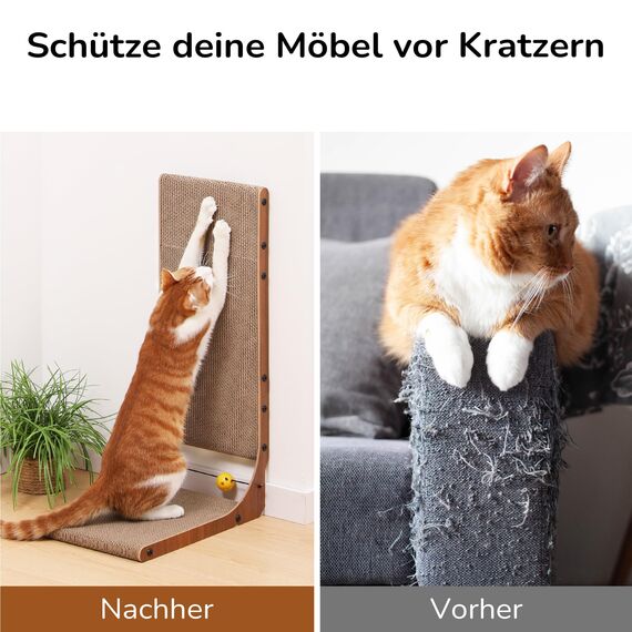 FUKUMARU Kratzbrett Katzen 2er Set, 68 cm hoch L-förmige Kratzpappe aus vertikalem Karton, widerstandsfähig Katzenkratzbrett mit Ballspielzeug, Farbe Nussbaum
