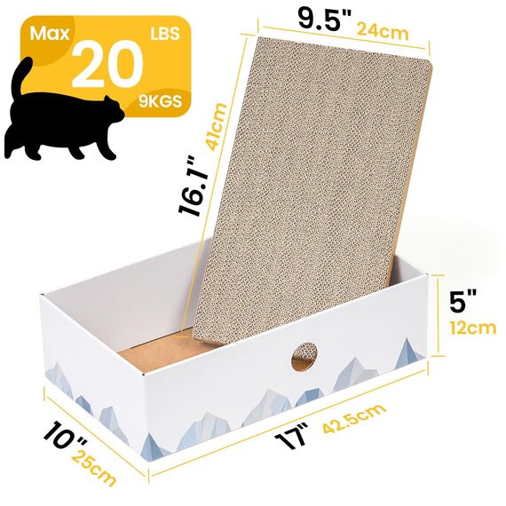 Conlun Katzen Kratzbrett mit Box, Großes Kratzmöbel, Beidseitige Kratzpappe für Katzen, Interaktive Öffnungen, Kratzbett für Wohnungskatzen, mit Katzenminze (1 Stück, Groß, Weiß)