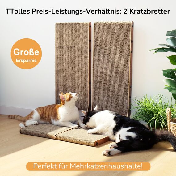 FUKUMARU Kratzbrett Katzen 2er Set, 68 cm hoch L-förmige Kratzpappe aus vertikalem Karton, widerstandsfähig Katzenkratzbrett mit Ballspielzeug, Farbe Nussbaum