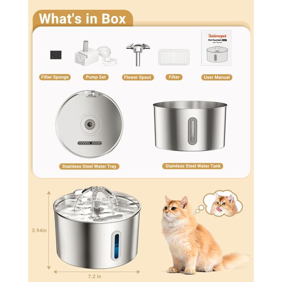 BalimoPet Katzenbrunnen Edelstahl, 2,2L Superleise Trinkbrunnen für Katze mit Kabel, Einfach zu Reinigen, Katzen Trinkbrunnen mit Vierfaches Filtersystem & LED-Licht, mit 3 Aktivkohlefilter