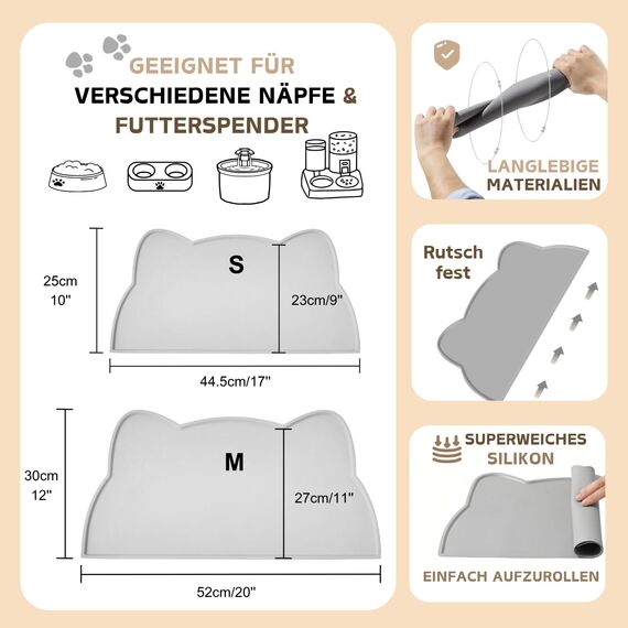 Napfunterlage Silikon Katzen und Kleine Hunde, wasserdichte Haustier Futtermatten rutschfeste Katzennapf Unterlage (Hell Grau)