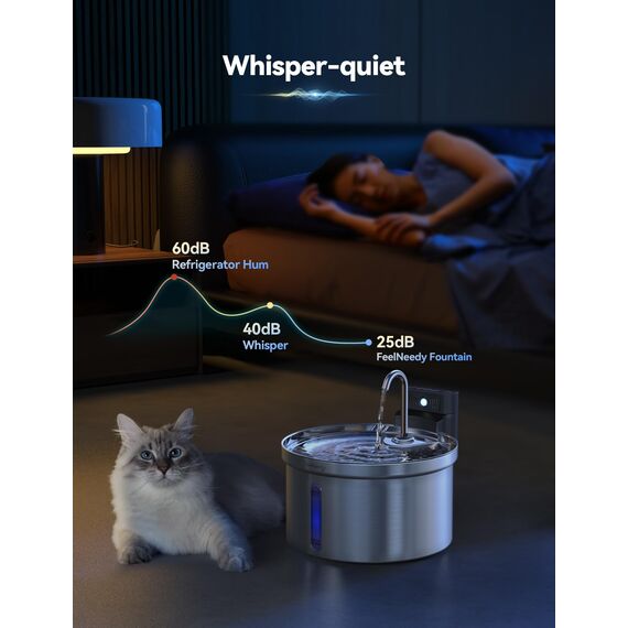 FEELNEEDY 3,5L Katzenbrunnen Edelstahl Kabellos mit Sensor, Trinkbrunnen für Katze mit Akku 4000mAh Katzen Batteriebetrieben Wasserbrunnen Super Leise mit 3 Filter (Edelstahl)