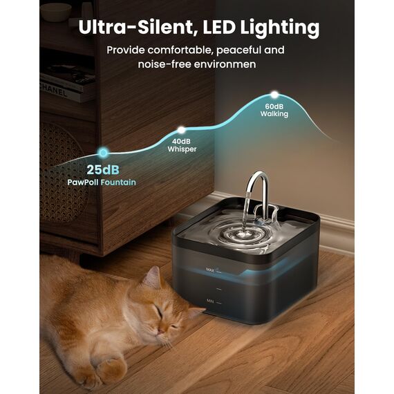 PawPoll Katzenbrunnen, 2,2L Trinkbrunnen für Katze, Super Leiser, Leicht zu Reinigen, Wasserbrunnen für Katzen mit LED und Aktivkohlefilter, BPA Frei, 6 Filter + 3 Schaumstofffilter