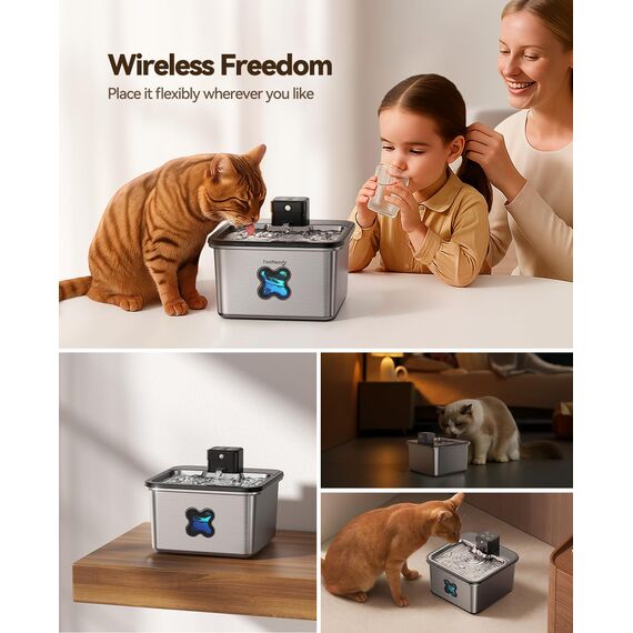 FEELNEEDY Katzenbrunnen Kabellos 3.2L, Trinkbrunnen für Katze Edelstahl 4000mAh Akku, Wasserbrunnen für Katzen mit Bewegungsmelder, Spülmaschinenfester