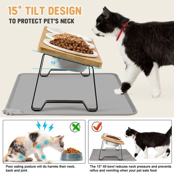 Lannvan Katzennapf Erhöht, 3er Set Futternapf Katze aus Keramik mit Napfunterlage Silikon, Ergonomischer Futterstation 15°gekippte Katzen Hundenapf,Fressnapf und Wassernapf für Katzen und kleine Hunde