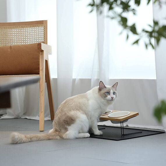 FUKUMARU Katzennapf Erhöht, 15° gekippte Futternapf für Katzen, mit rutschfestem Bambus und Metallhalter, Keramik Fressnapf und Wassernapf im Katzen Napfset für Katzen und Hunde