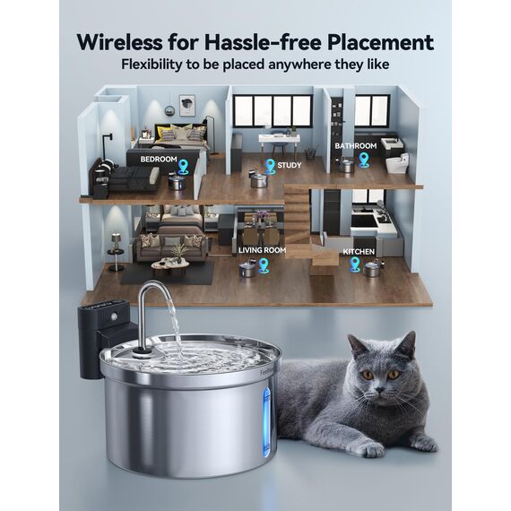 FEELNEEDY 3,5L Katzenbrunnen Edelstahl Kabellos mit Sensor, Trinkbrunnen für Katze mit Akku 4000mAh Katzen Batteriebetrieben Wasserbrunnen Super Leise mit 3 Filter (Edelstahl)