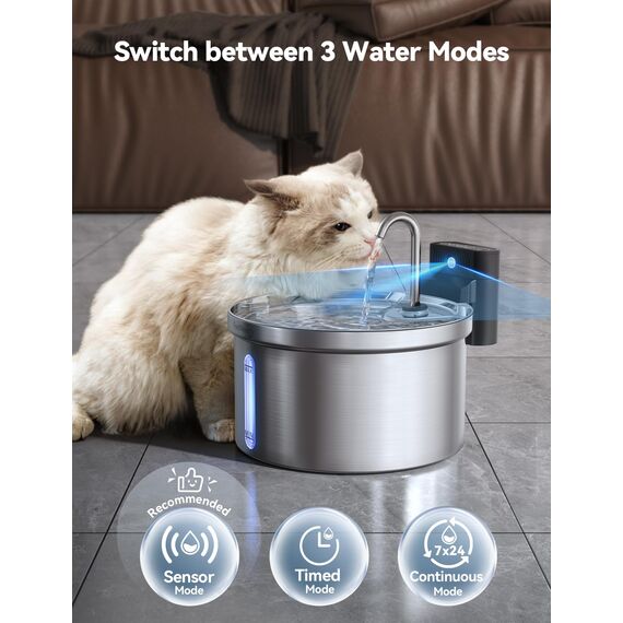 FEELNEEDY 3,5L Katzenbrunnen Edelstahl Kabellos mit Sensor, Trinkbrunnen für Katze mit Akku 4000mAh Katzen Batteriebetrieben Wasserbrunnen Super Leise mit 3 Filter (Edelstahl)