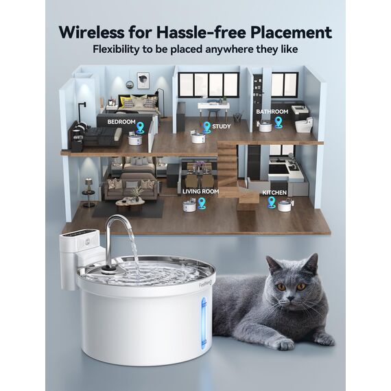 FEELNEEDY 3,5L Katzenbrunnen Edelstahl Kabellos mit Sensor, Trinkbrunnen für Katze mit Akku 4000mAh Katzen Batteriebetrieben Wasserbrunnen Super Leise mit 3 Filter (Acrylnitril-Butadien-Styrol (ABS))