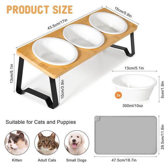 Lannvan Katzennapf Erhöht, 3er Set Futternapf Katze aus Keramik mit Napfunterlage Silikon, Ergonomischer Futterstation 15°gekippte Katzen Hundenapf,Fressnapf und Wassernapf für Katzen und kleine Hunde
