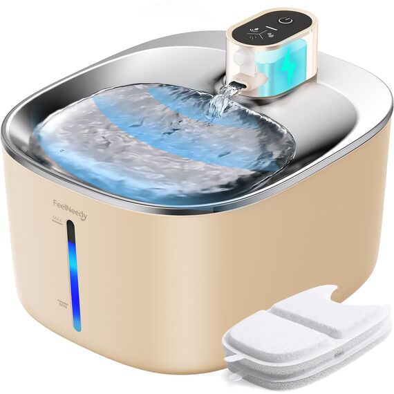 FEELNEEDY Katzenbrunnen für Katzen Kabellos mit Bewegungsmelder, 4L Trinkbrunnen Edelstahl ohne Strom mit 4000mAh Akku für Katze und Kleine Hund, Leise und wenig Strom, mit 2 Filters，Dunkles Khaki