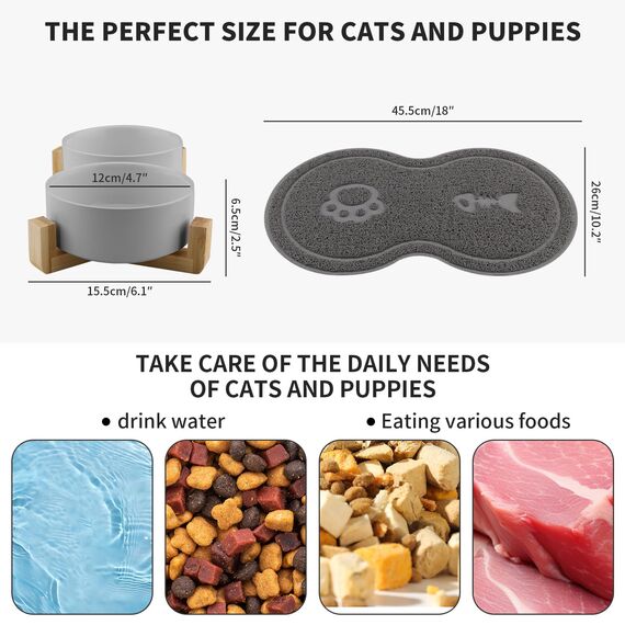 Zosenyer Katzennapf, 2 Stück Keramik Futternapf Katze Set, 3-in-1 rutschfeste Katzennäpfe mit Holzstände und Matten, Fressnapf und Wassernapf für Katzen und Kleine Hunde (Grau)