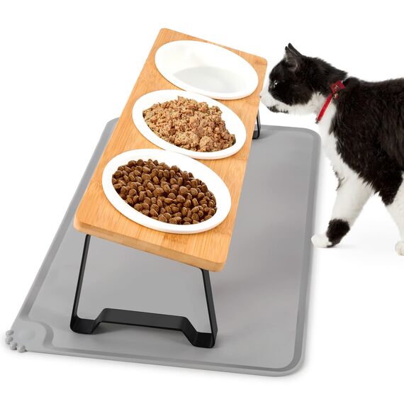 Lannvan Katzennapf Erhöht, 3er Set Futternapf Katze aus Keramik mit Napfunterlage Silikon, Ergonomischer Futterstation 15°gekippte Katzen Hundenapf,Fressnapf und Wassernapf für Katzen und kleine Hunde