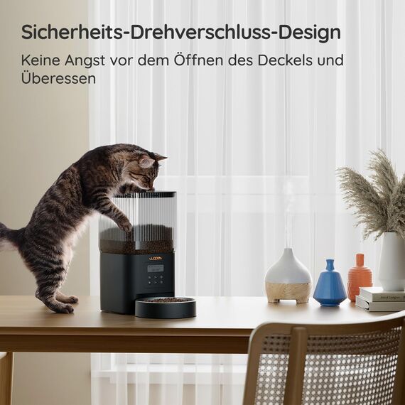 WOPET Futterautomat Katze 4L- Katzenfutter Automat 180 Tage Akkulaufzeit (1-6 Mahlzeiten/Tag, Trockenfutter) Futterspender für Katzen/Hunde, Edelstahlschüssel, Doppelnetzteil Schwarz