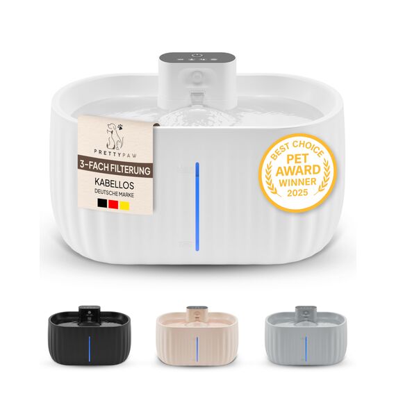 Pretty Paw Katzenbrunnen Kabellos mit Bewegungsmelder - Trinkbrunnen für Katze mit 45 Tagen Akku - Wasserbrunnen für Katzen mit Filter & 3 Liter Wassertank - Aqua Sense (Weiß)