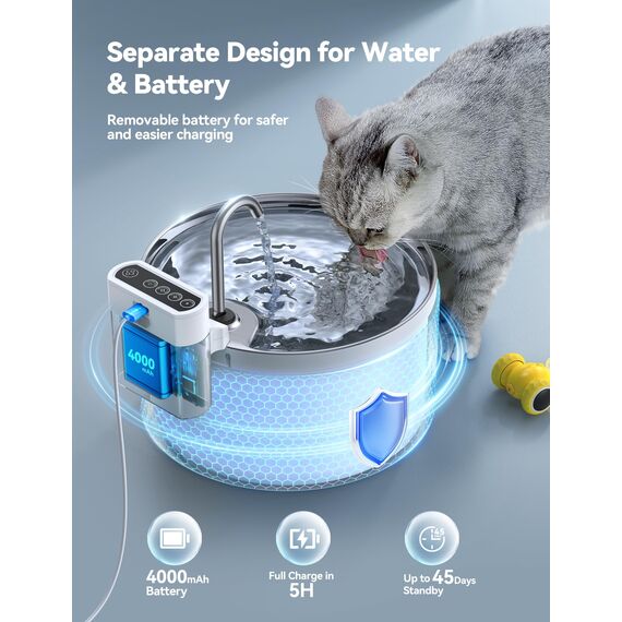 FEELNEEDY 3,5L Katzenbrunnen Edelstahl Kabellos mit Sensor, Trinkbrunnen für Katze mit Akku 4000mAh Katzen Batteriebetrieben Wasserbrunnen Super Leise mit 3 Filter (Acrylnitril-Butadien-Styrol (ABS))