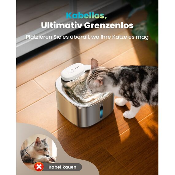 oneisall Katzenbrunnen Kabellos, 3.5L Trinkbrunnen für Katze Edelstahl, 5000mAh Akku, Katzen Trinkbrunnen mit Bewegungsmelder, Leise Wasserpumpe, 3 Filter
