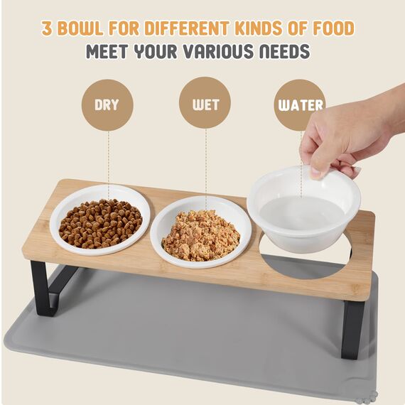 Lannvan Katzennapf Erhöht, 3er Set Futternapf Katze aus Keramik mit Napfunterlage Silikon, Ergonomischer Futterstation 15°gekippte Katzen Hundenapf,Fressnapf und Wassernapf für Katzen und kleine Hunde