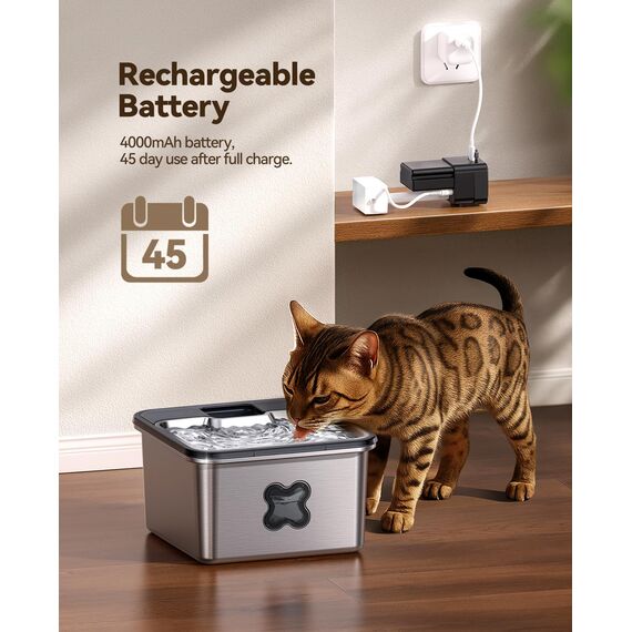 FEELNEEDY Katzenbrunnen Kabellos 3.2L, Trinkbrunnen für Katze Edelstahl 4000mAh Akku, Wasserbrunnen für Katzen mit Bewegungsmelder, Spülmaschinenfester
