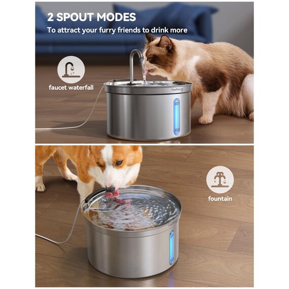 FEELNEEDY Katzenbrunnen Edelstahl 3,5L Trinkbrunnen für Katze Super Leise Katzentrinkbrunnen- Wasserbrunnen für Katzen-Katzen Springbrunnen, mit 3 Filters und USB Ladegerät (Brunnen-Edelstahl)