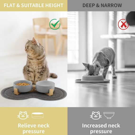 Zosenyer Katzennapf, 2 Stück Keramik Futternapf Katze Set, 3-in-1 rutschfeste Katzennäpfe mit Holzstände und Matten, Fressnapf und Wassernapf für Katzen und Kleine Hunde (Grau)