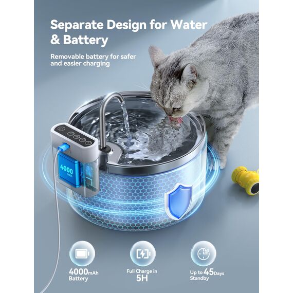 FEELNEEDY 3,5L Katzenbrunnen Edelstahl Kabellos mit Sensor, Trinkbrunnen für Katze mit Akku 4000mAh Katzen Batteriebetrieben Wasserbrunnen Super Leise mit 3 Filter (Edelstahl)
