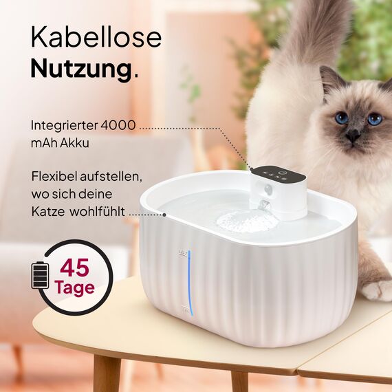 Pretty Paw Katzenbrunnen Kabellos mit Bewegungsmelder - Trinkbrunnen für Katze mit 45 Tagen Akku - Wasserbrunnen für Katzen mit Filter & 3 Liter Wassertank - Aqua Sense (Weiß)