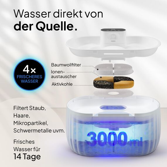 Pretty Paw Katzenbrunnen Kabellos mit Bewegungsmelder - Trinkbrunnen für Katze mit 45 Tagen Akku - Wasserbrunnen für Katzen mit Filter & 3 Liter Wassertank - Aqua Sense (Weiß)