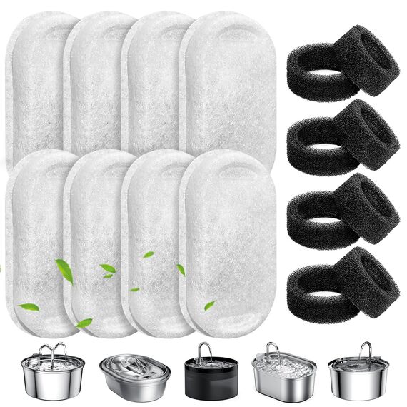 WEIKEY Katzenbrunnen Filter, 16 Stück Ersatzfilter Für Trinkbrunnen, 8 Stück Kohlefilter Und 8 Stück Schaumfilter, Wasserfilter Passend für 2L/3.2L/4L Edelstahl Trinkbrunnen Für Katzen Und Hunde