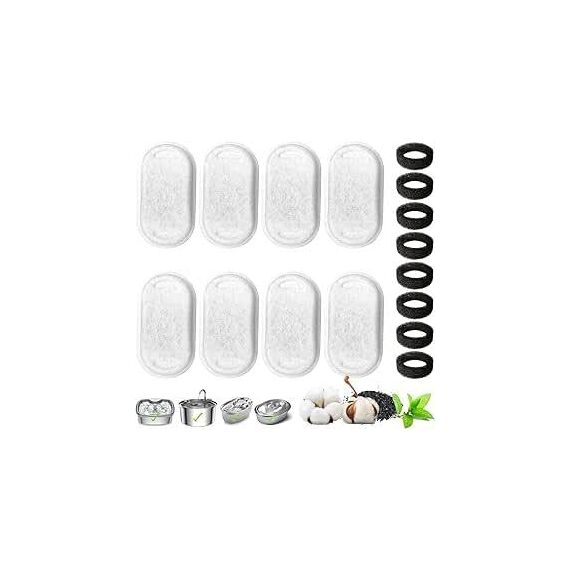 8+8 Stück Filter Katzenbrunnen, Trinkbrunnen Katzen Ersatzfilter für 108oz/3.2L und 67oz/2L Edelstahl Trinkbrunnen für Katzen und Hunde, mit Kohlefilter und Schaumfilter