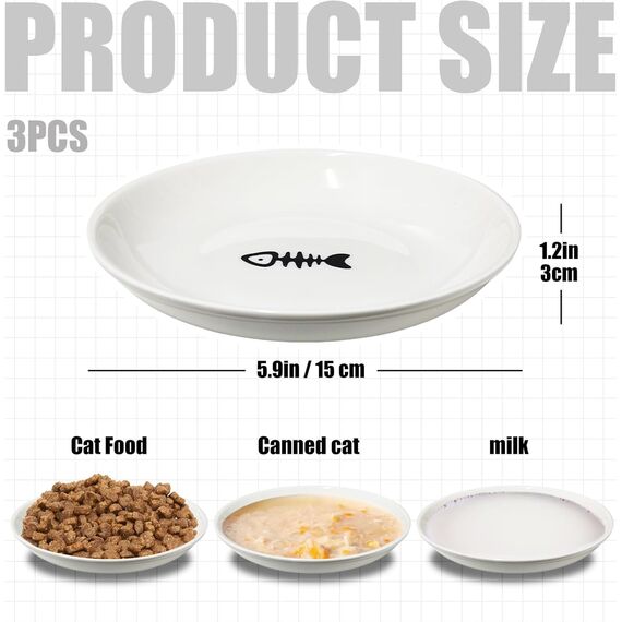 Pavlleen 3 Stück Katzennapf Keramik, mit Rutschfestem Gummiboden,Flacher breiter Futter- und Wassernapf für Kätzchen, Anti Whisker Fatigue Katzengeschirr Set, für Katzen und Kleintiere