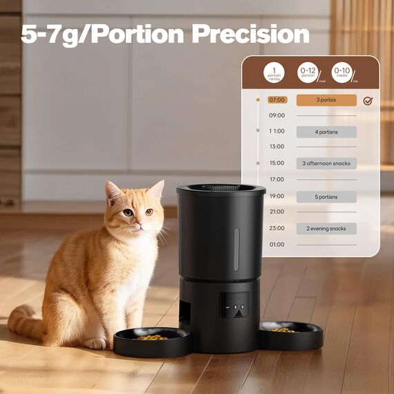Futterautomat Katze 2 Näpfe mit APP: 5L Automatischer Futterspender mit 2.4G WiFi Timer für Trockenfutter - AONBOY Doppelnapf Design für Mehrkatzenhaushalte & Hunde - Schwarz