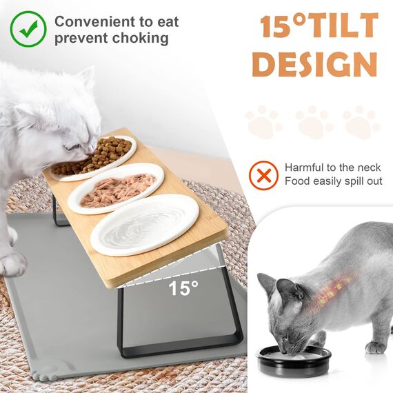 Lannvan Katzennapf Erhöht - 3er Set Futternapf aus Keramik mit Napfunterlage Silikon - 15° gekippte Futterstation Hundenapf - Fressnapf und Wassernapf für Katzen und kleine Hunde