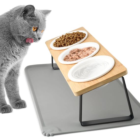 Lannvan Katzennapf Erhöht - 3er Set Futternapf aus Keramik mit Napfunterlage Silikon - 15° gekippte Futterstation Hundenapf - Fressnapf und Wassernapf für Katzen und kleine Hunde