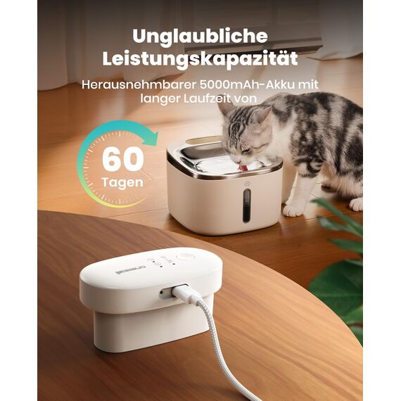 oneisall Katzenbrunnen Kabellos, 3.5L Trinkbrunnen für Katze Edelstahl, 5000mAh Akku, Katzen Trinkbrunnen mit Bewegungsmelder, Leise Wasserpumpe, 3 Filter Weiß