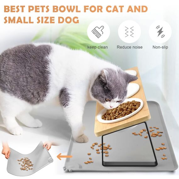 Lannvan Katzennapf Erhöht - 3er Set Futternapf aus Keramik mit Napfunterlage Silikon - 15° gekippte Futterstation Hundenapf - Fressnapf und Wassernapf für Katzen und kleine Hunde
