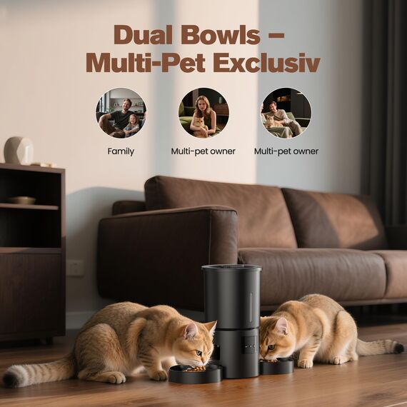 Futterautomat Katze 2 Näpfe mit APP: 5L Automatischer Futterspender mit 2.4G WiFi Timer für Trockenfutter - AONBOY Doppelnapf Design für Mehrkatzenhaushalte & Hunde - Schwarz