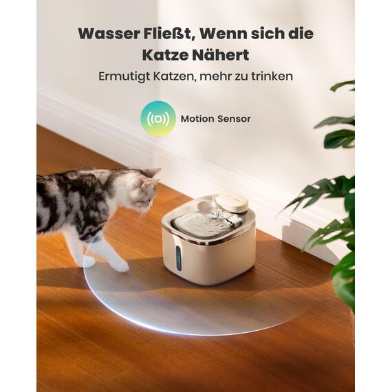 oneisall Katzenbrunnen Kabellos, 3.5L Trinkbrunnen für Katze Edelstahl, 5000mAh Akku, Katzen Trinkbrunnen mit Bewegungsmelder, Leise Wasserpumpe, 3 Filter Weiß