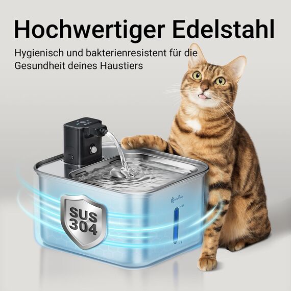 DownyPaws Katzenbrunnen Edelstahl Kabellos, Trinkbrunnen für Katze Edelstahl mit Bewegungsmelder und batteriebetrieben, 3L Katzen Trinkbrunnen für Katzen und Hunde, extrem leise, leicht zu reinigen