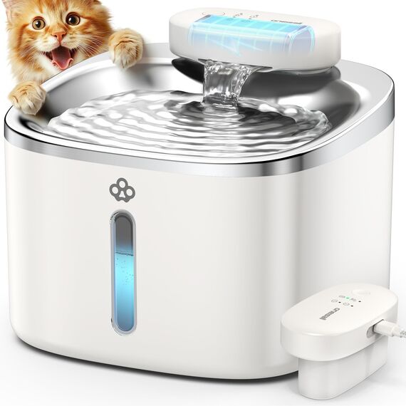 oneisall Katzenbrunnen Kabellos, 3.5L Trinkbrunnen für Katze Edelstahl, 5000mAh Akku, Katzen Trinkbrunnen mit Bewegungsmelder, Leise Wasserpumpe, 3 Filter Weiß