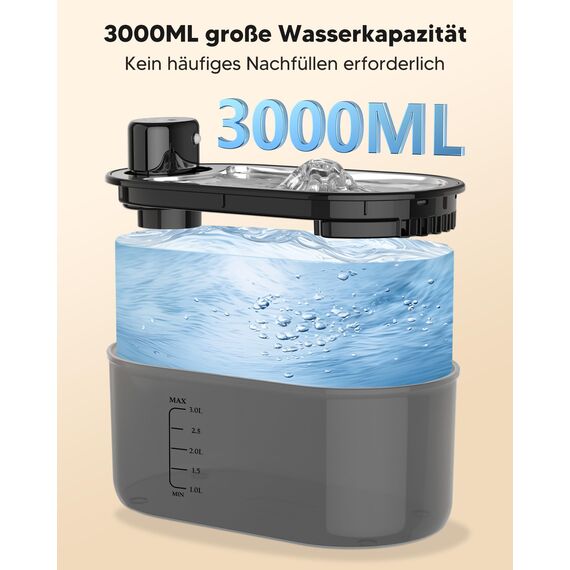 TOMXCUTE 3,0 l Katzenbrunnen mit Bewegungsmelder, 5000mAh Akku Batteriebetrieben Katzentrinkbrunnen Ohne Strom Kabelloser Trinkbrunnen Für Katze, Wasserschale aus Edelstahl mit Filter, Schwarz