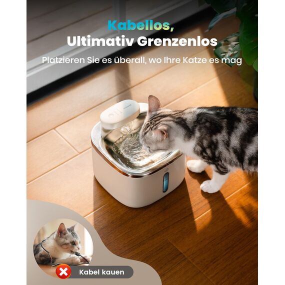 oneisall Katzenbrunnen Kabellos, 3.5L Trinkbrunnen für Katze Edelstahl, 5000mAh Akku, Katzen Trinkbrunnen mit Bewegungsmelder, Leise Wasserpumpe, 3 Filter Weiß
