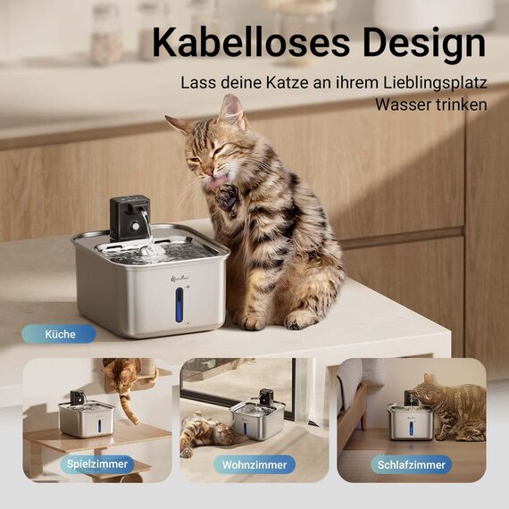 DownyPaws Katzenbrunnen Edelstahl Kabellos, Trinkbrunnen für Katze Edelstahl mit Bewegungsmelder und batteriebetrieben, 3L Katzen Trinkbrunnen für Katzen und Hunde, extrem leise, leicht zu reinigen
