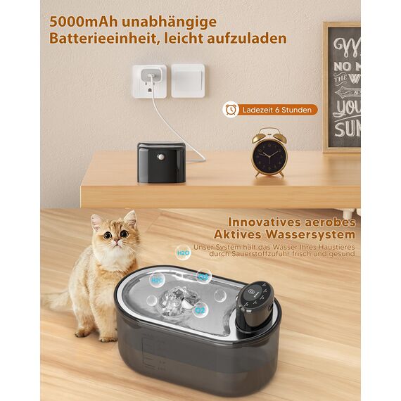 TOMXCUTE 3,0 l Katzenbrunnen mit Bewegungsmelder, 5000mAh Akku Batteriebetrieben Katzentrinkbrunnen Ohne Strom Kabelloser Trinkbrunnen Für Katze, Wasserschale aus Edelstahl mit Filter, Schwarz