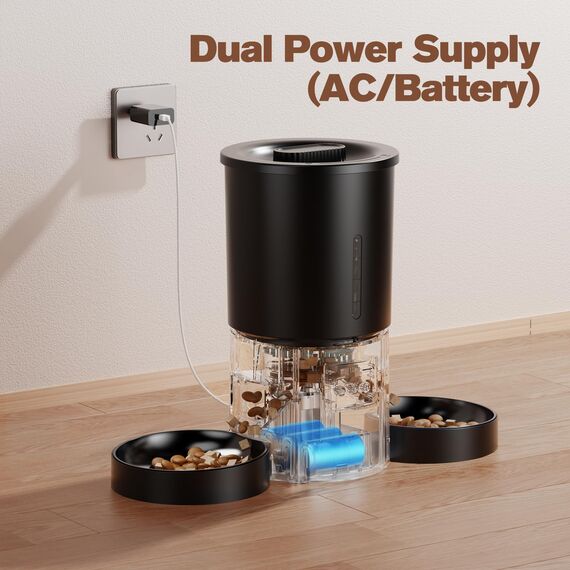 Futterautomat Katze 2 Näpfe mit APP: 5L Automatischer Futterspender mit 2.4G WiFi Timer für Trockenfutter - AONBOY Doppelnapf Design für Mehrkatzenhaushalte & Hunde - Schwarz