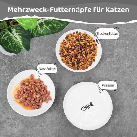Pavlleen 3 Stück Katzennapf Keramik, mit Rutschfestem Gummiboden,Flacher breiter Futter- und Wassernapf für Kätzchen, Anti Whisker Fatigue Katzengeschirr Set, für Katzen und Kleintiere