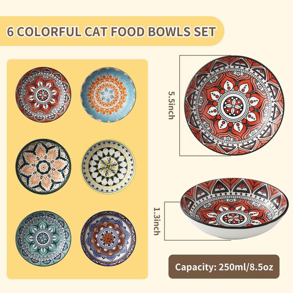 Katzennapf, Flache Futternapf Katze, Set von 6 bunten Katzen Futternapf. Katzennapf Flach, 5,5 Zoll Katzennäpfe, Fressnapf Katze geeignet für Wasser, Trockenfutter und Nassfutter