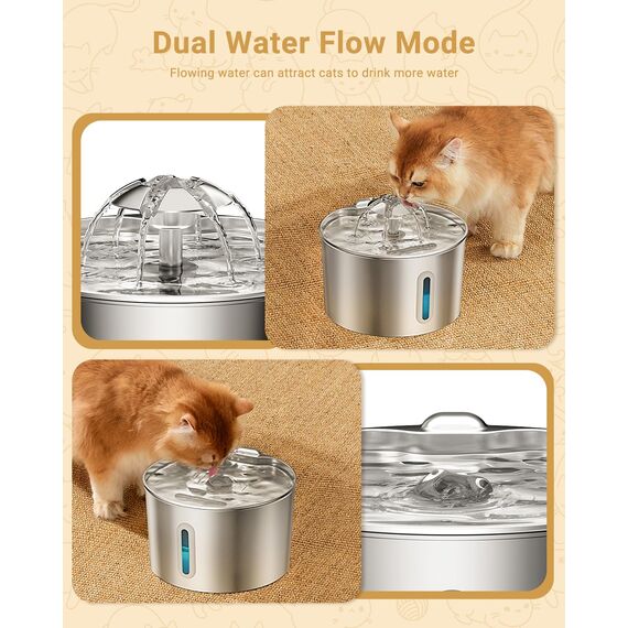 BalimoPet Katzenbrunnen Edelstahl, 2,2L Superleise Trinkbrunnen für Katze mit Kabel, Einfach zu Reinigen, Katzen Trinkbrunnen mit Vierfaches Filtersystem & LED-Licht, mit 6 Aktivkohlefilter