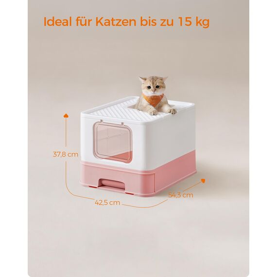 Feandrea Katzenklo 2er Set, Katzentoilette, mit Deckel, ausziehbares Tablett, Schaufel, Bürste, für Katzen bis 15 kg, weniger Spuren, auslaufsicherer Boden, weiß-pastellrosa PPT001P10