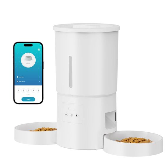Futterautomat Katze 2 Näpfe mit APP: 5L Automatischer Futterspender mit 2.4G WiFi Timer für Trockenfutter - AONBOY Doppelnapf Design für Mehrkatzenhaushalte & Hunde - Weiß